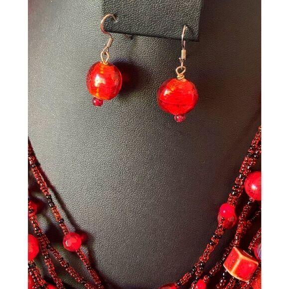 Esmor Lamp Work Red Glass/Wood Bead Multistrand Necklace Set, Stamped - Picture 2 of 5